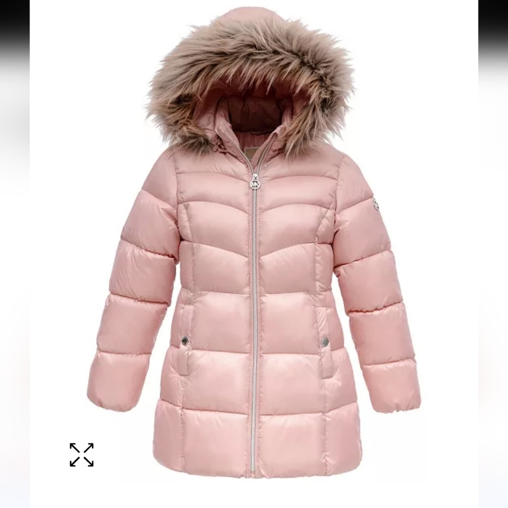 Michael Kors Light Pink Puffer Jacket with Faux Fur Hood